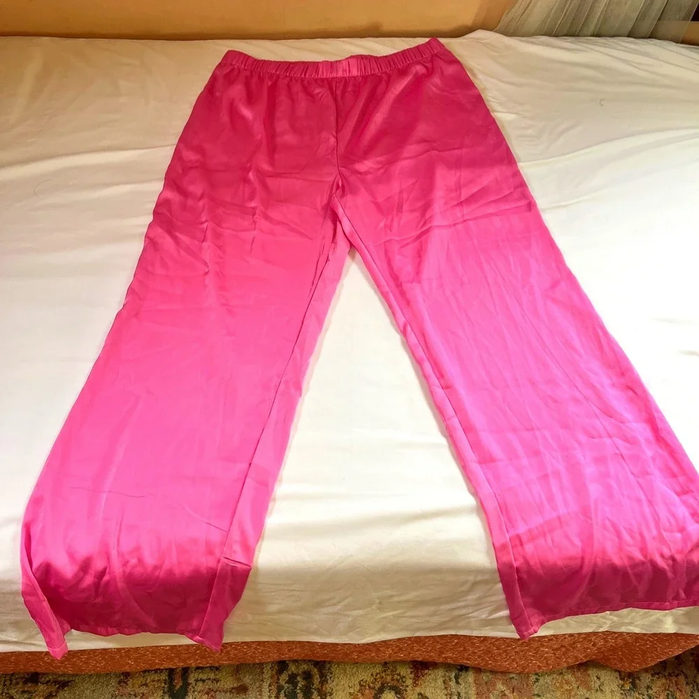 Juicy Couture Pink Satin Rhinestone Logo Pajama Pants Wide Leg Sleepwear Large